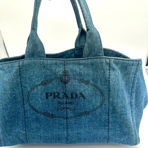Prada Handbags - PRADA Logo Denim Canapa Large Tote